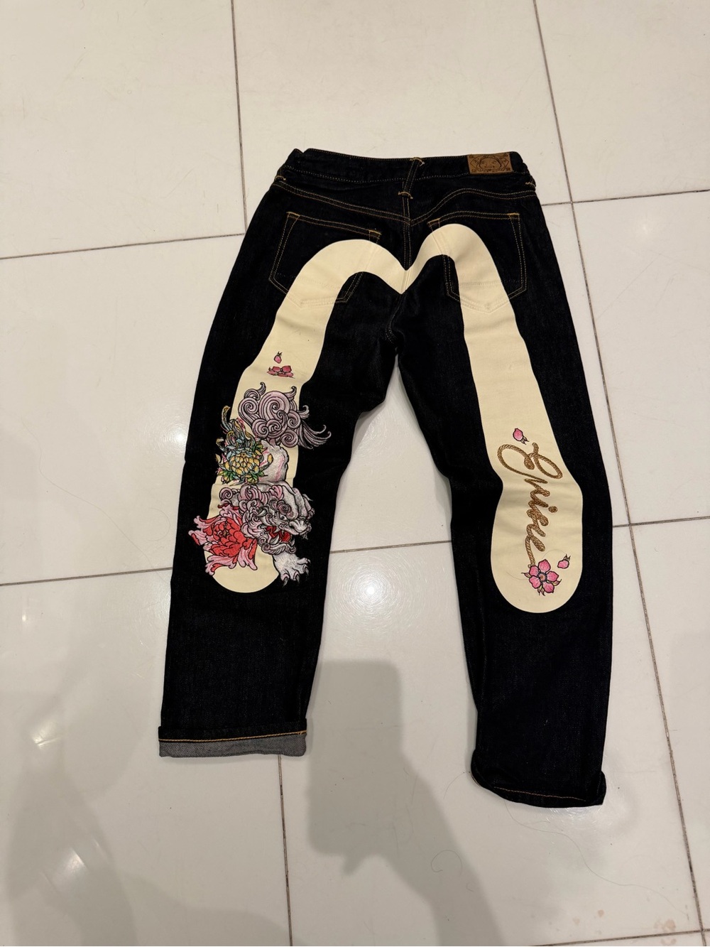 White/ Pink Flower Evisu Denim
